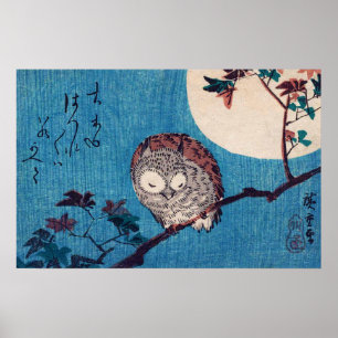 Uggla på Maple Gren under Full Moon, Hiroshige Poster