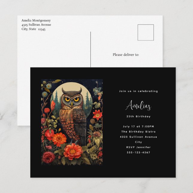 Uggla på natten med fullmånsfödelsedag vykort (Fram/baksida)