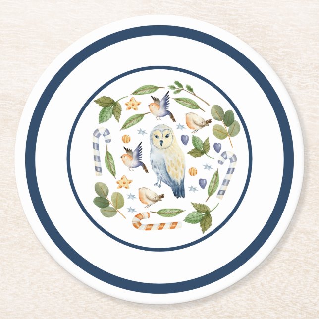 Uggla på Polkagrisarna Träd om fågelstam Löv Underlägg Papper Rund (Framsidan)