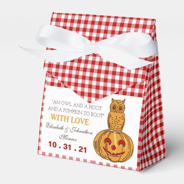 Uggla på Pumpkin Gingham Mönster Favor Box Presentaskar (Framsidan Sidan)
