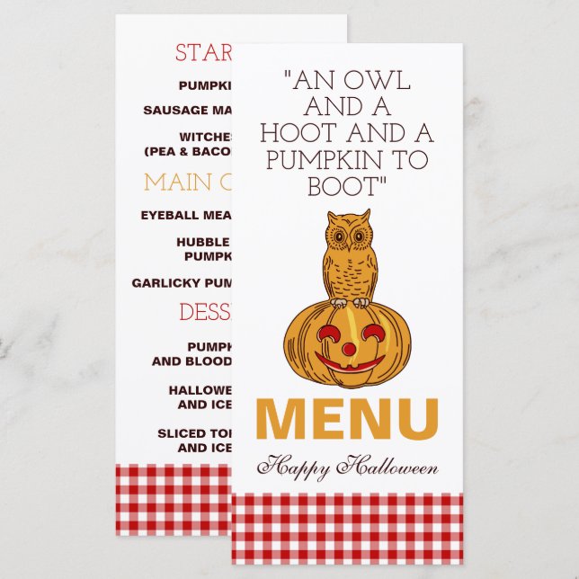 Uggla på Pumpkin Gingham Mönster Menu Meny (Fram/baksida)