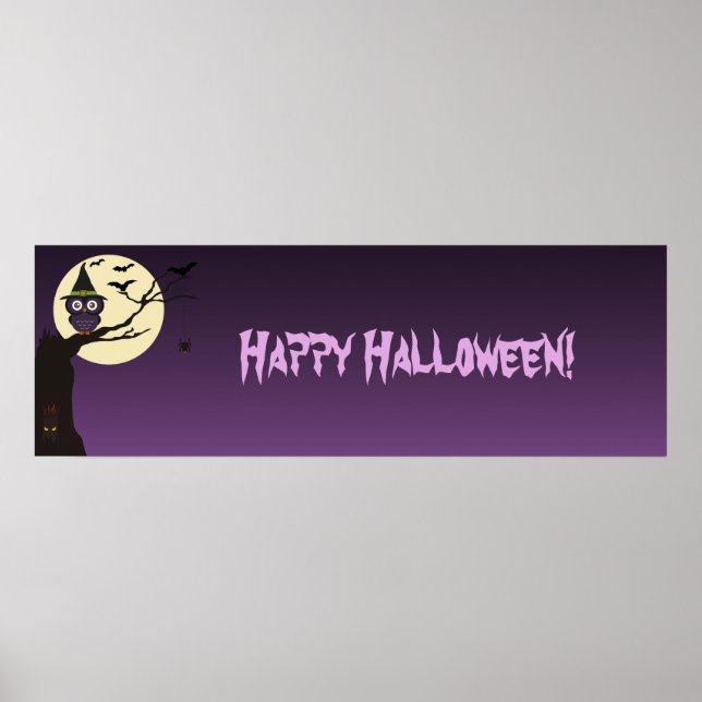 Uggla på träd gren Halloween Födelsedagsfest Banne Poster (Framsidan)