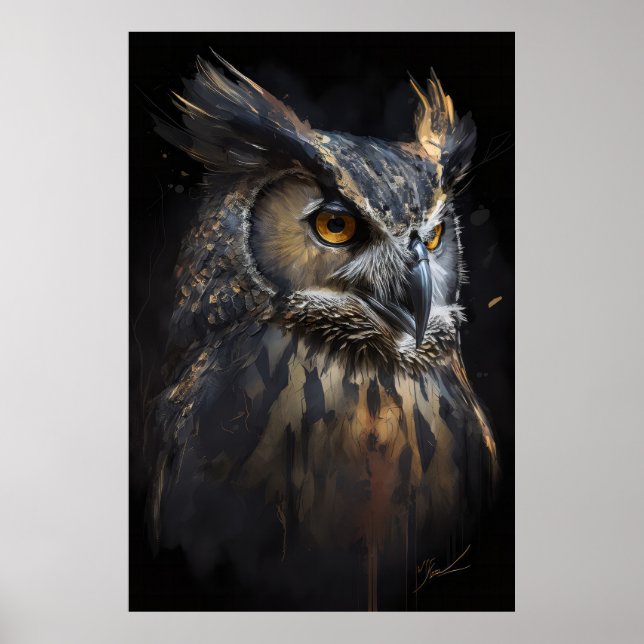 Uggla Porträtt Animal Nature Wildlife Mörk Paintin Poster (Framsidan)