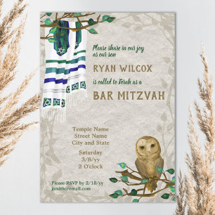 Uggla, Prayer Tallit, Grönt Pub Mitzvah-inbjudan Inbjudningar