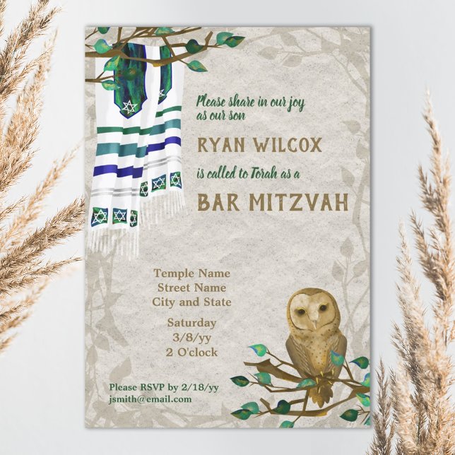 Uggla, Prayer Tallit, Grönt Pub Mitzvah-inbjudan Inbjudningar (beige, blue, teal owl nature forest bar mitzvah invitation with tallit prayer shawl)