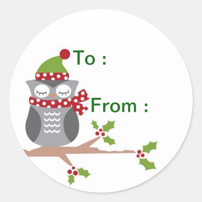 Uggla presentetikett runt klistermärke (Framsida)