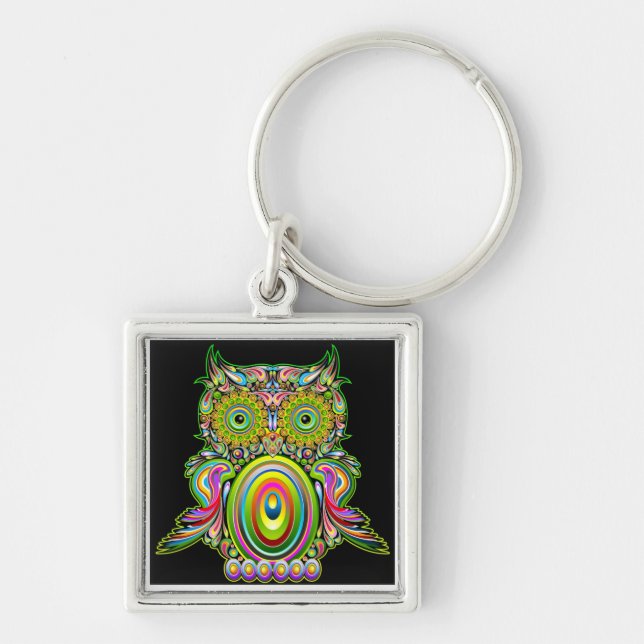 Uggla Psychedelic Popart Keychain Fyrkantig Silverfärgad Nyckelring (Framsidan)