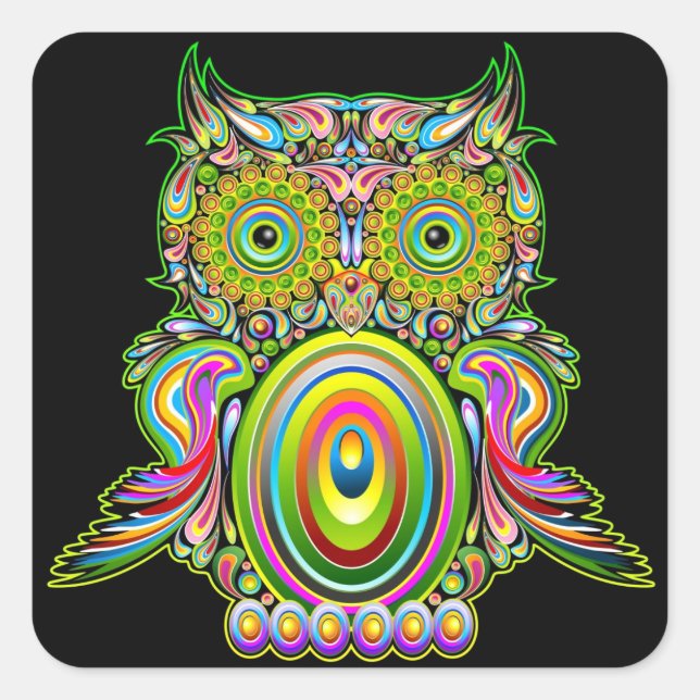 Uggla Psychedelic Popart Sticker Fyrkantigt Klistermärke (Framsida)