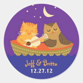 Uggla & Pussycat Storybook Bröllop (Lila och blått Runt Klistermärke