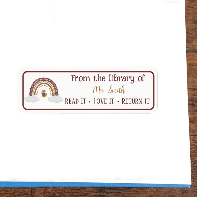 Uggla Rainbow Teacher Classroom Bibliotek budgetmä Returadress Etikett (Budget classroom library stickers with owl and rainbow . )