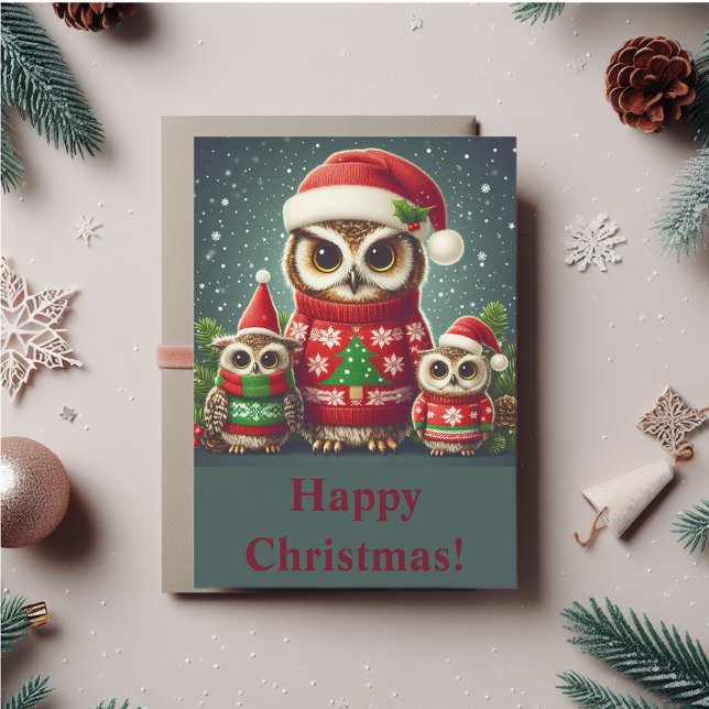 Uggla roligt julkort (Cute owls in Christmas sweaters and Christmas hats. You can personalize the message.)