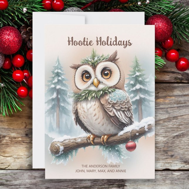 Uggla Rustic-julen "Hootie Helgdagars" Julkort ("Hootie Holidays" owl watercolor painting Christmas holiday greeting card.)