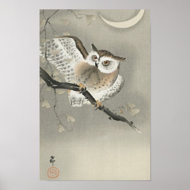 Uggla, sedan länge, i Ginkgo av Ohara Koson Poster (Framsidan)