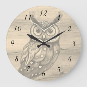 Uggla Sepia Beige Wood Rustic Numbers Stor Klocka