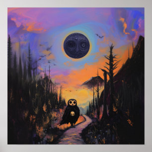 Uggla Skull Black Måne Witchy AI Art Matte Value Poster