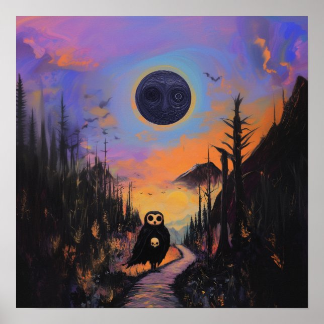 Uggla Skull Black Måne Witchy AI Art Matte Value Poster (Framsidan)