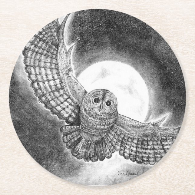Uggla som flyger framför Måne Underlägg Papper Rund (Framsidan)