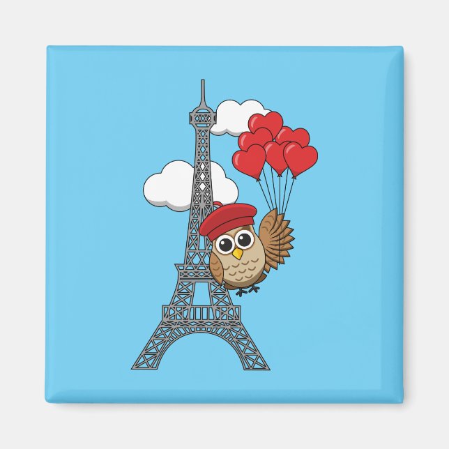 Uggla som flyger med hjärtballonger i Paris Magnet (Framsidan)