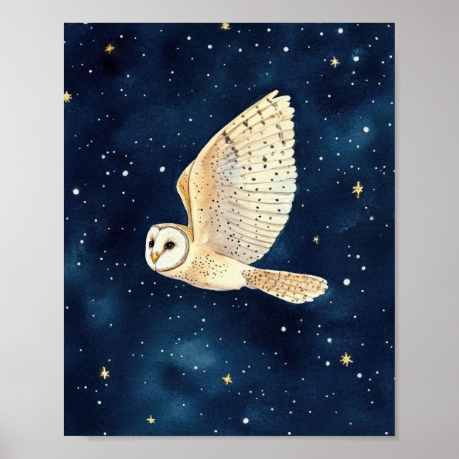 Uggla som flyger över Starry Night Watercolor Jula Poster (Framsidan)
