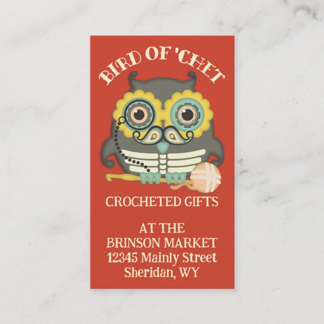 Uggla steampunk skelett mustasch krochet krok visitkort (Framsida)