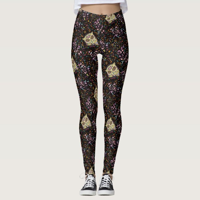 Uggla Sugar Skull och Rosa Lila Blue Mint Leggings (Framsida)