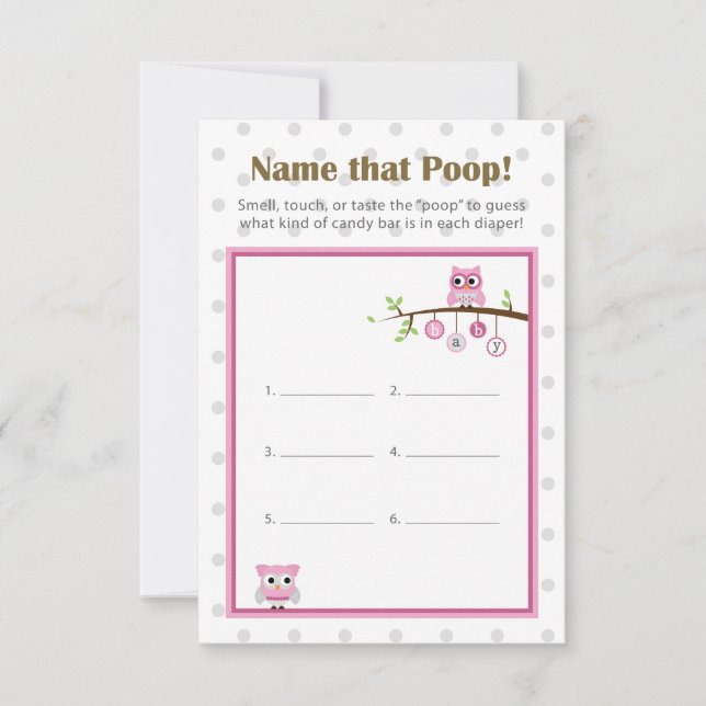 Uggla ThGodtycke Baby Shower "Namn that Poop!" Spe Inbjudningar (Framsida)