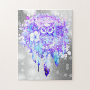 Uggla Totem Dreamcatcher Blommigt Feather Lila Grå Pussel