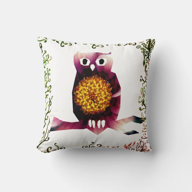Uggla, Uggla Bird Blommigt Art Throw Cushion Kudde (Framsida)