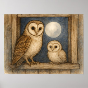 Uggla & ugglebarn Rustik Akvarell Poster