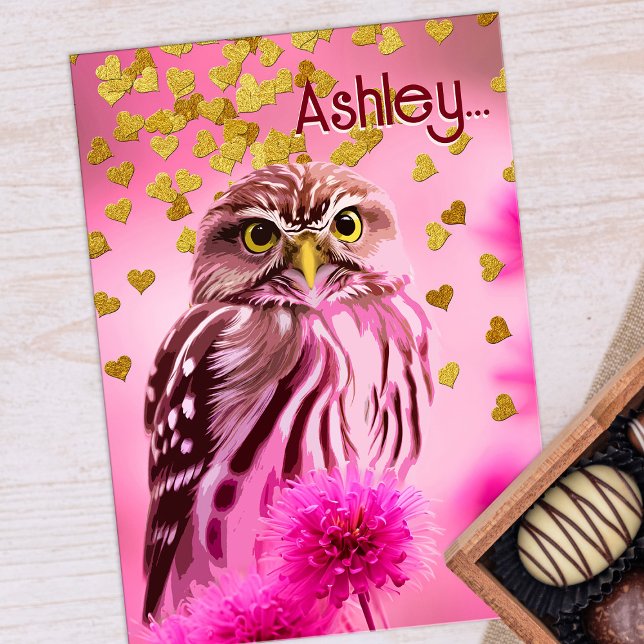 Uggla Valentine Cute Pun Girly Rosa Guld Heart Fun Helgkort (Pretty pink owl pun valentine card)