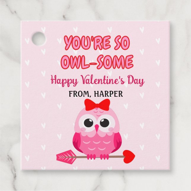 Uggla Valentines Rosa Hearts Gift Märkres Gåvor Etiketter (Framsida)