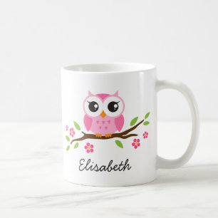 Uggla vid gren med rosa blommor personlig namn kaffemugg