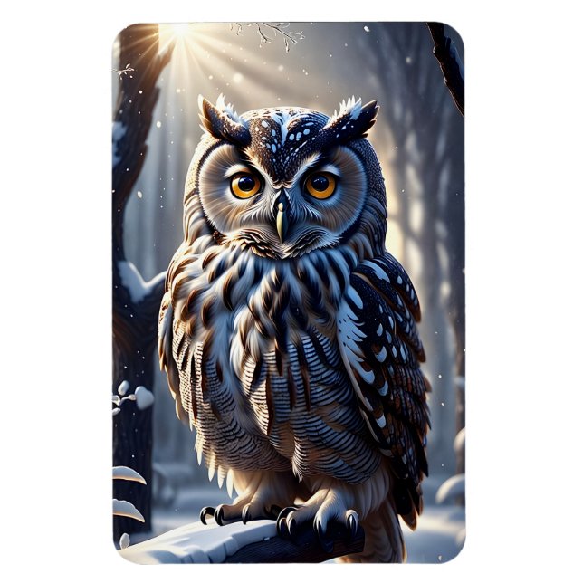 Uggla vid Träd Gren i Snowy Forest Magnet (Vertikal)