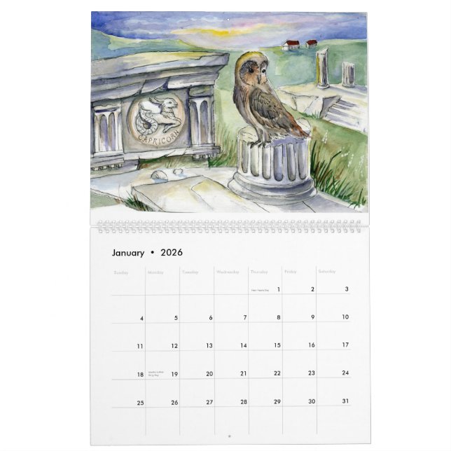 Uggla zodiac fantasi - vattenfärger kalender (Jan 2026)