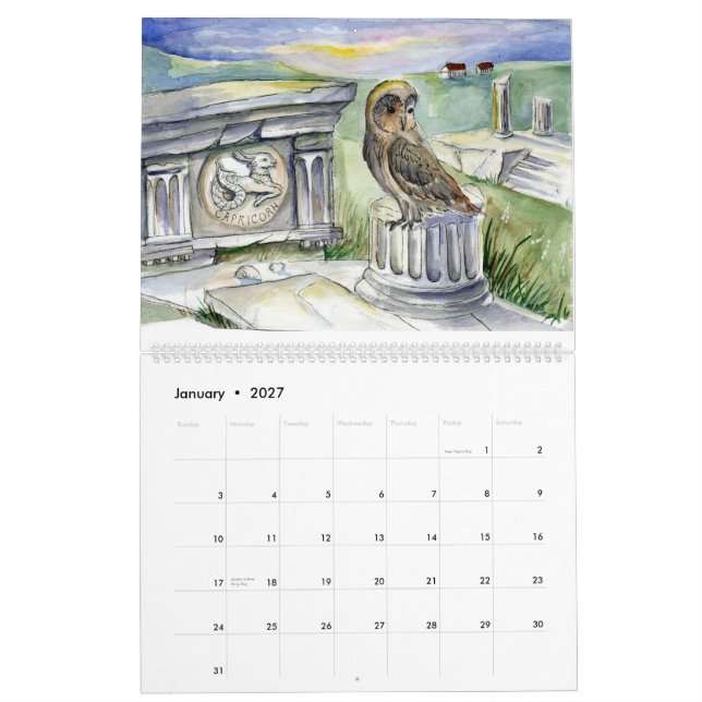 Uggla zodiac fantasi - vattenfärger kalender (Jan 2027)