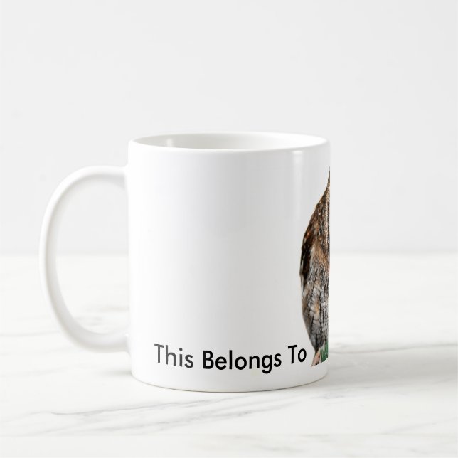 Ugglamuggen med "denna hör hemma till den kloka kaffemugg (Vänster)