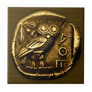 Ugglan på forntida grek myntar kakelplatta