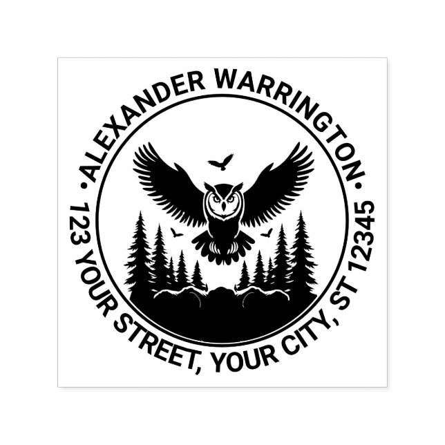 Ugglans flygande framifrån vy granar namn returadr självfärgande stämpel (Design)