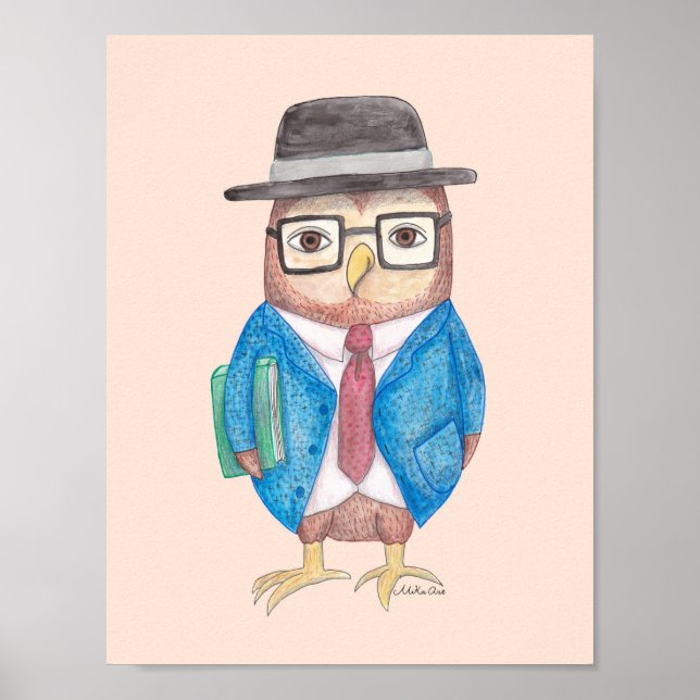 Uggleaffisch Rolig uggla med bok Djur väggdekor Poster (Framsidan)