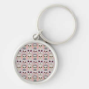 Ugglebarn på rosa mönster rund silverfärgad nyckelring