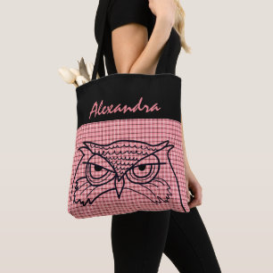 Ugglefågelritning Cool Pink Tartan Modern Monogram Tygkasse
