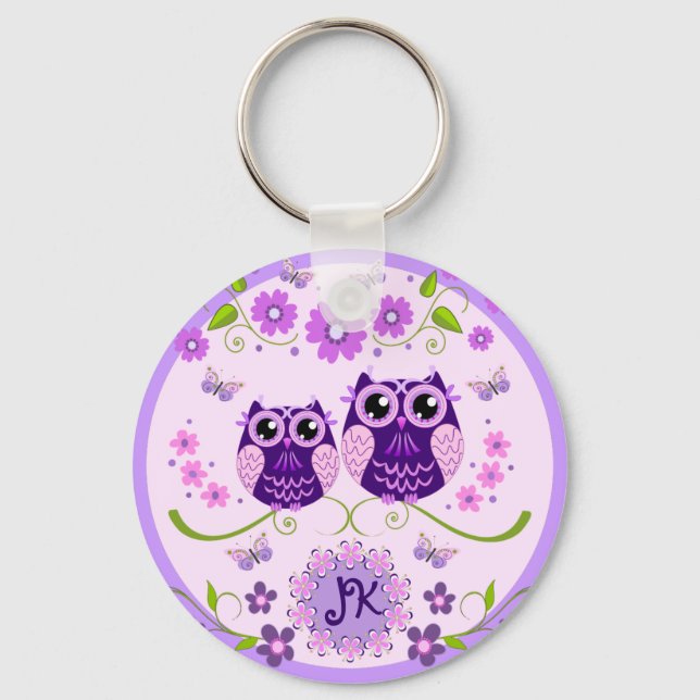 Ugglor, blommor & fjärilar anpassad monogram nyckelring (Framsida)