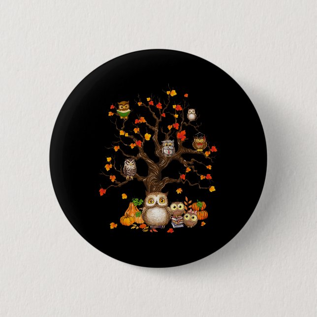 Ugglor Löv Träd hösthösten Pumpkin Halloween Uggla Knapp (Framsida)