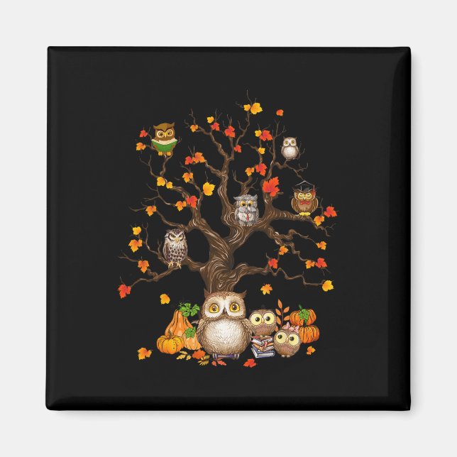Ugglor Löv Träd hösthösten Pumpkin Halloween Uggla Magnet (Framsidan)