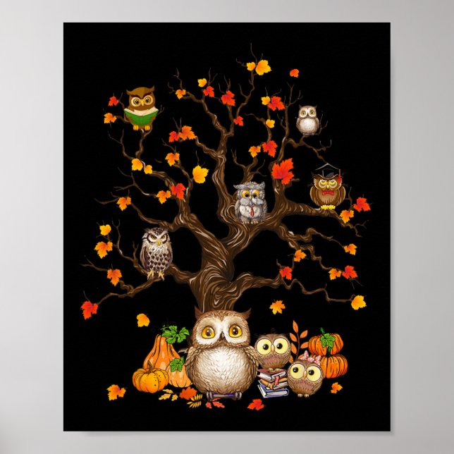 Ugglor Löv Träd hösthösten Pumpkin Halloween Uggla Poster (Framsidan)