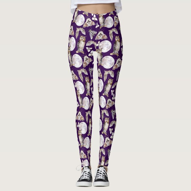 Ugglor Malar Fullmåne På Lila Leggings (Framsida)
