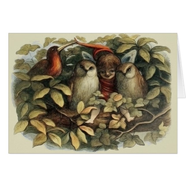 Ugglor och älva-féer Naturillustration Hälsningskort (Framsidan Horizontal)