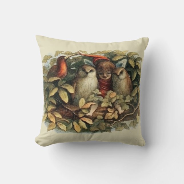 Ugglor och älva-féer Naturillustration Kudde (Framsida)
