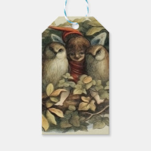 Ugglor och älva-féer Naturillustration Presentetikett