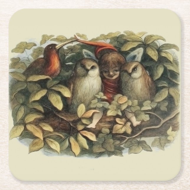 Ugglor och älva-féer Naturillustration Underlägg Papper Kvadrat (Framsidan)